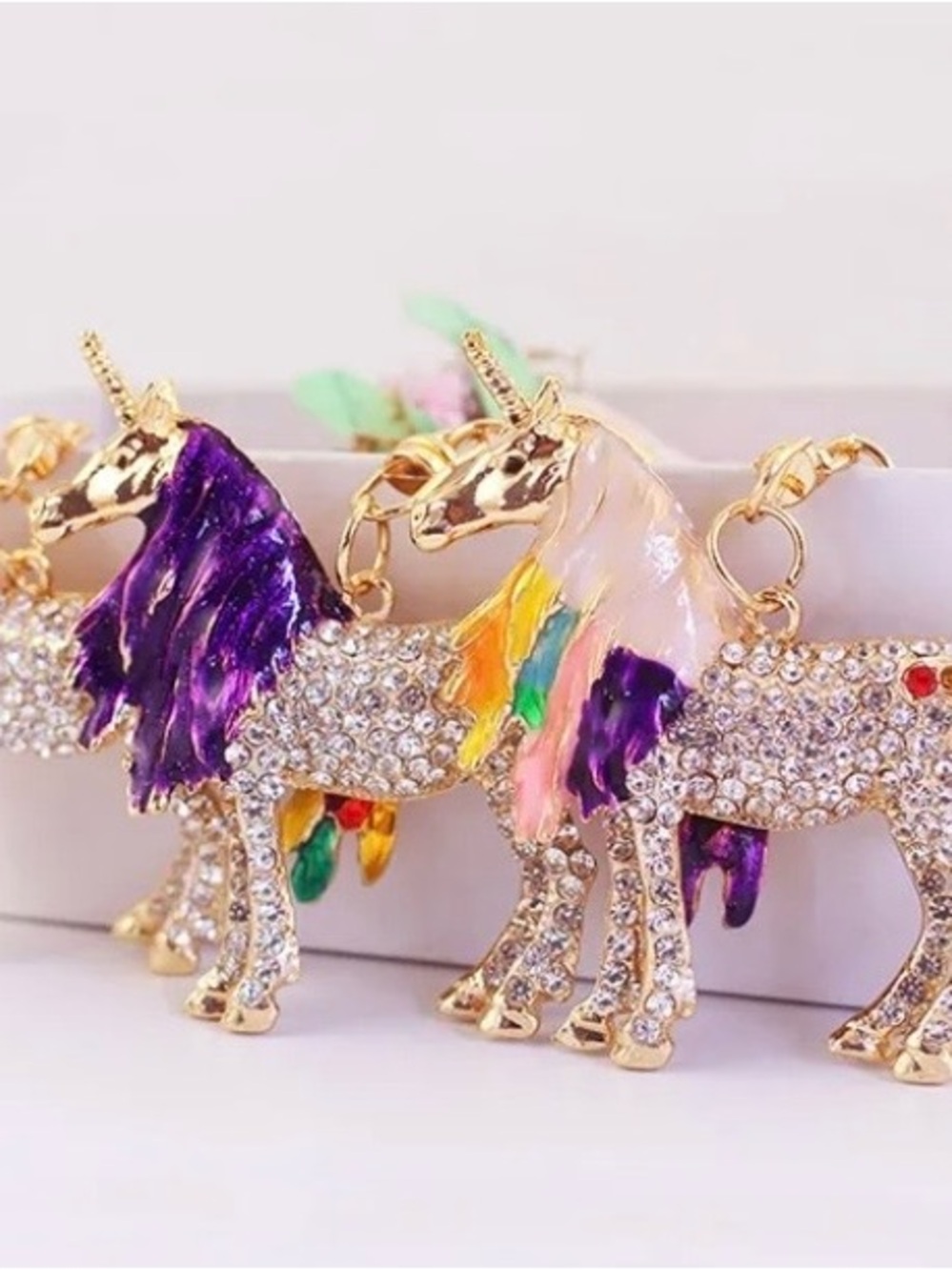 Gold Crystal Unicorn Keychain with Purple and Multicolor Mane ( 1 )
